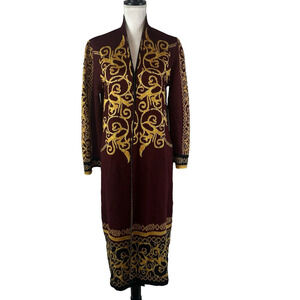 Vertigo Paris Gold Burgundy Motif Wool Open Front Long Cardigan Duster sz Small